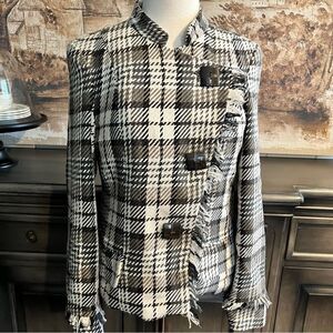 Christopher & Banks White Black and Brown Plaid Fringe Blazer, size Medium